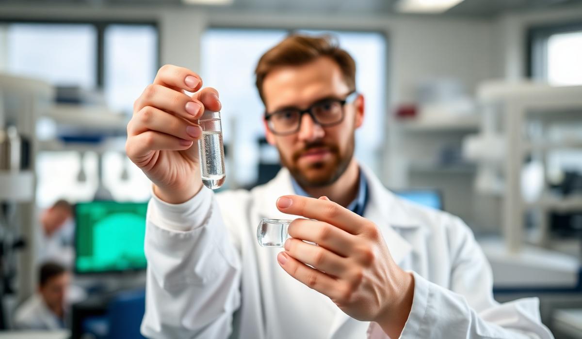 Pesquisador em laboratório segurando frasco com composto